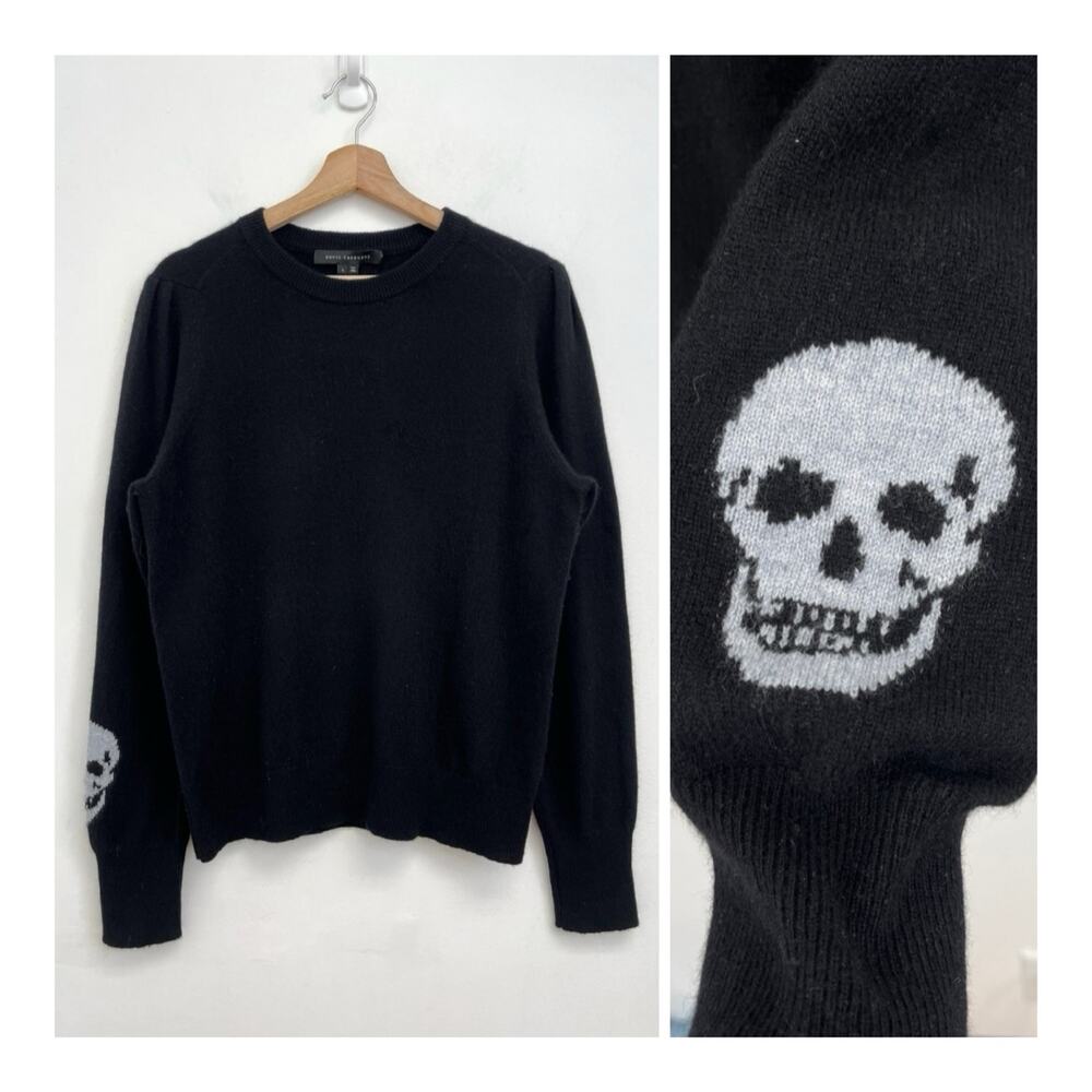 Skull Cashmere 100% Cashmere Skull Print Crew Neck Goth Rock Sweater - Large